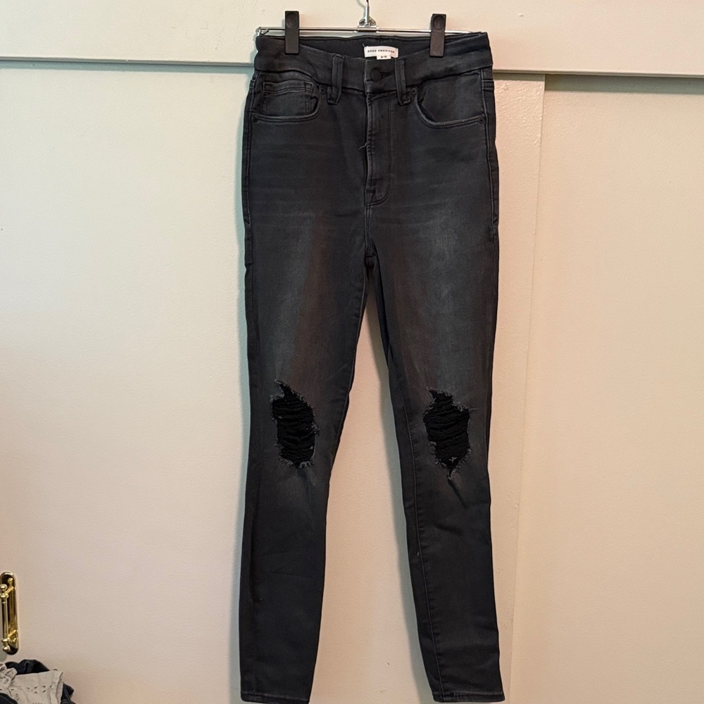 Good American Black Distressed Jeans NWOT
